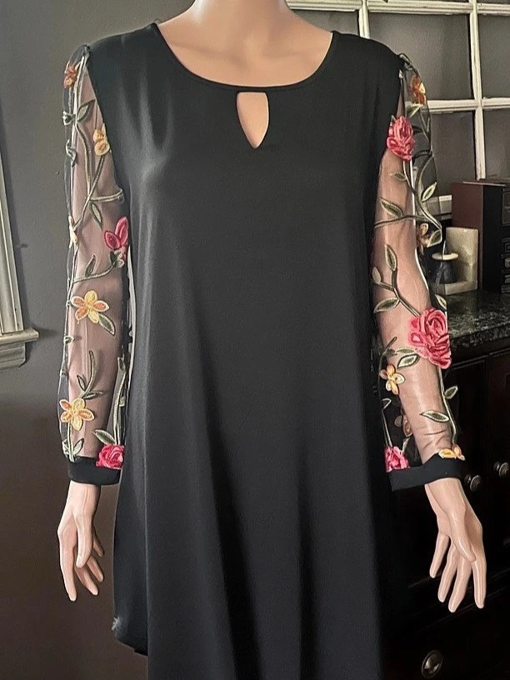 Black Floral Sheer Sleeve Mini Dress Like New XL